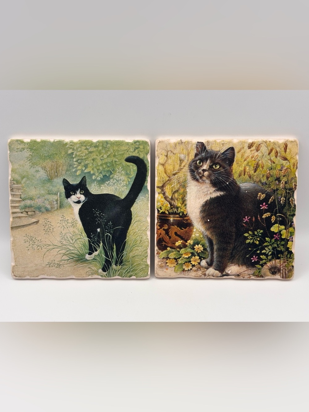 Set of 2 Ceramic Tile Coasters with Tuxedo Cat Designs